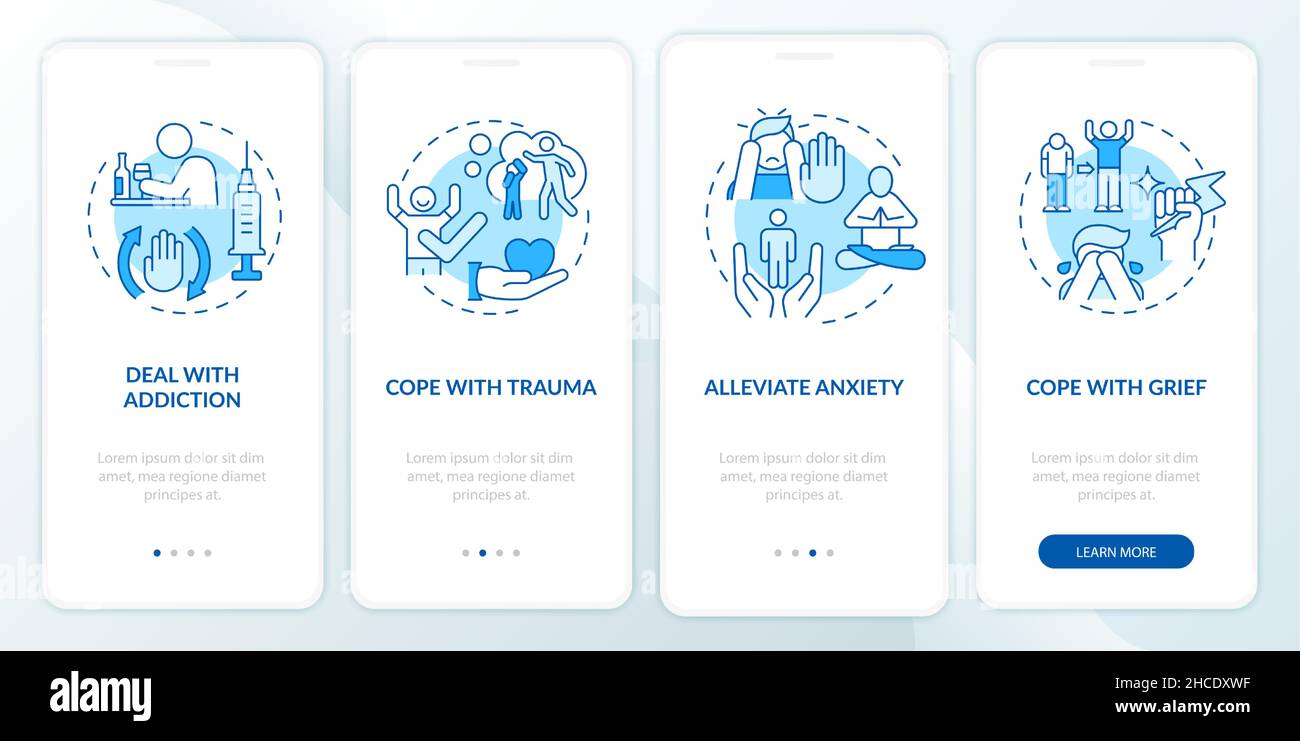Talking about mental health blue onboarding mobile app screen Stock ...