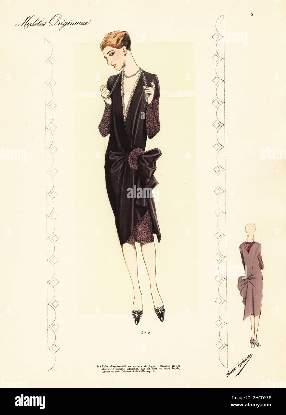 Afternoon dress in Lyons velvet with large bow on one hip. Robe  d'apres-midi en velours de Lyon. Handcoloured lithograph from Beaux-Arts  des Modes: Modeles Originaux, Hiver 1928 (Fashions of Fine Arts: Original