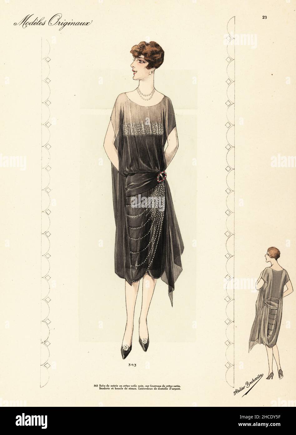 Evening dress of black crepe voile on black crepe satin. Robe de soiree en  crepe voile noir, sur fourreau de crepe satin. Handcoloured lithograph from  Beaux-Arts des Modes: Modeles Originaux, Hiver 1928 (