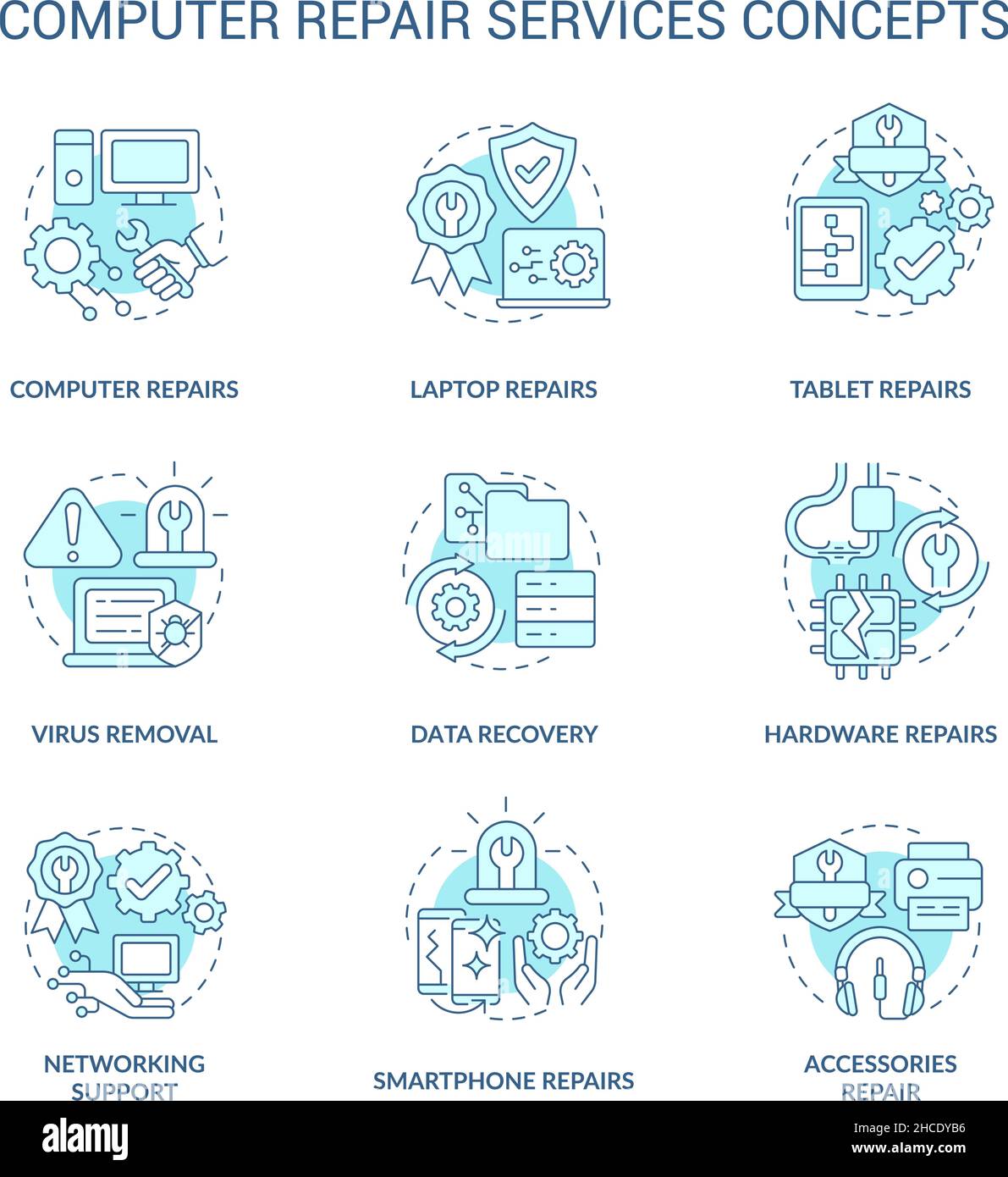 Computer repair service turquoise concept icons set Stock Vector