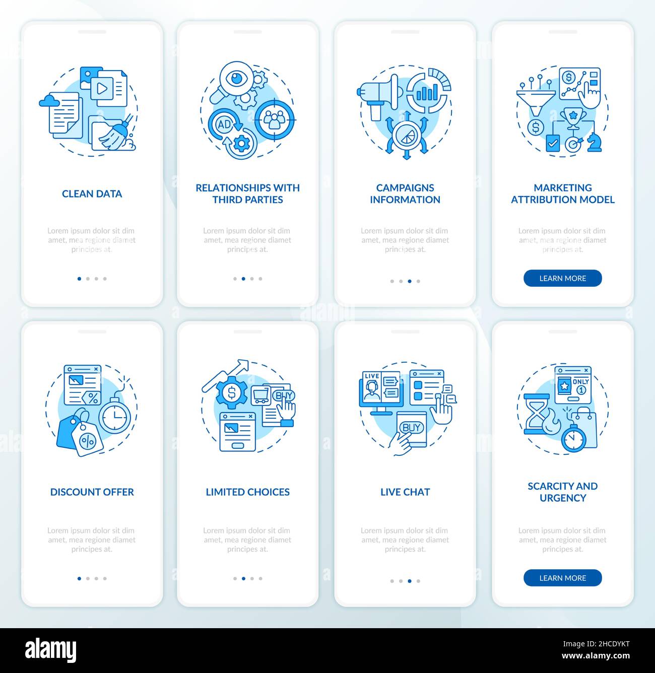 Digital marketing strategy blue onboarding mobile app screen set Stock ...