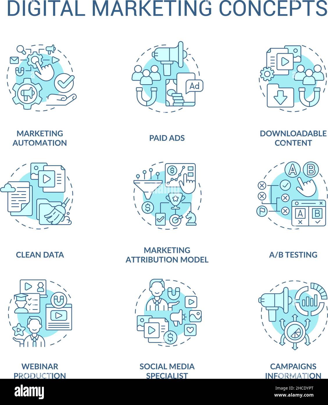 Digital marketing and strategies turquoise concept icons set Stock ...