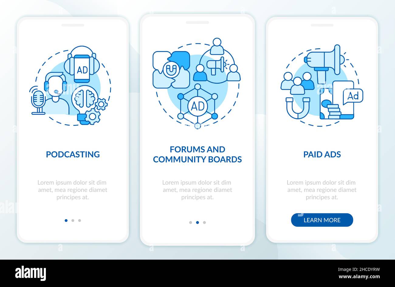Digital marketing examples blue onboarding mobile app screen Stock ...
