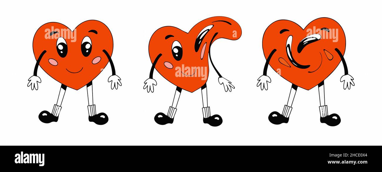 Retro love crazy and smeared heart smiley face. Distorted red heart ...