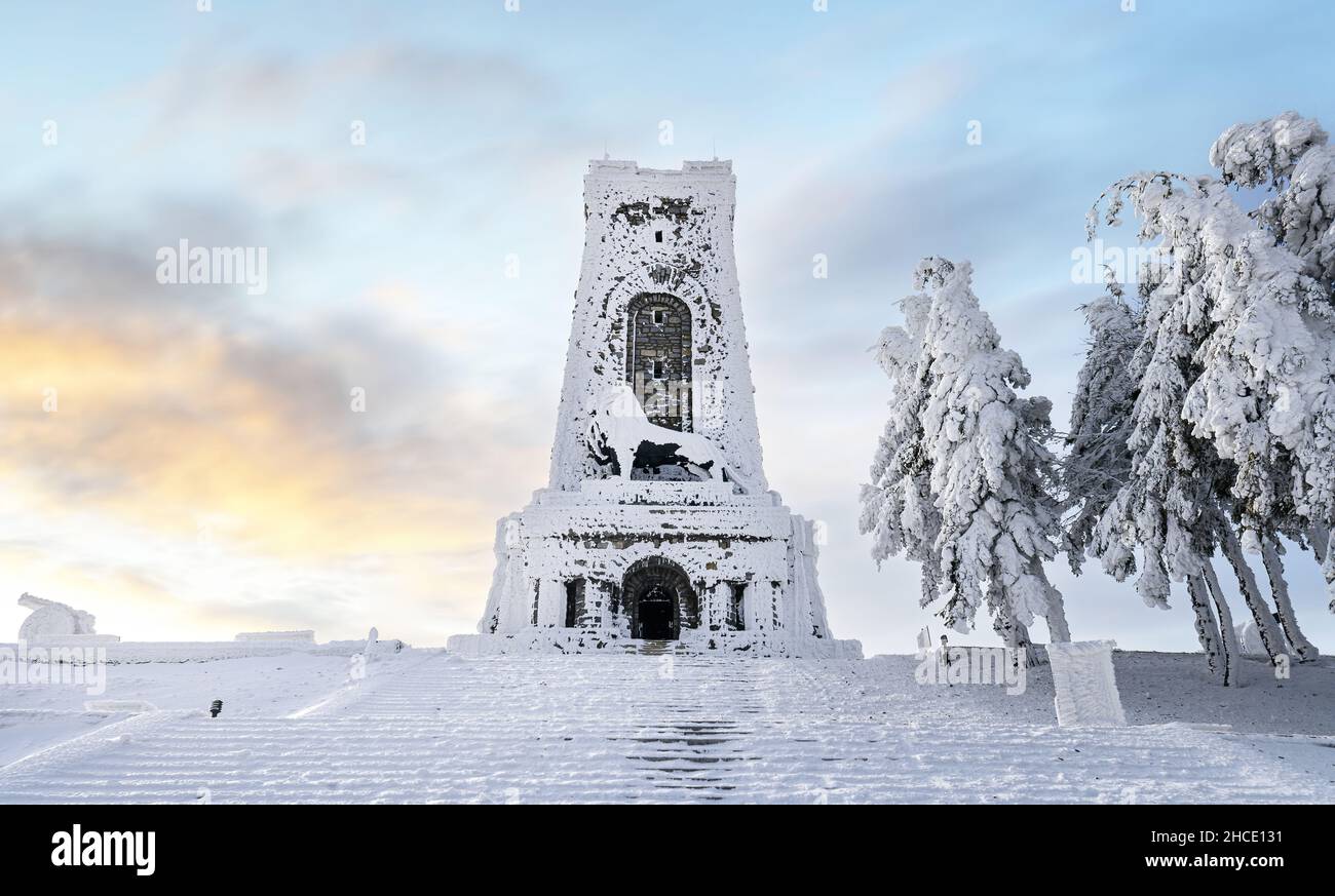 Shipka Monument of The Liberty is a monumental construction, located at Shipka peak in Stara Planina mountain, Bulgaria at winter Stock Photo