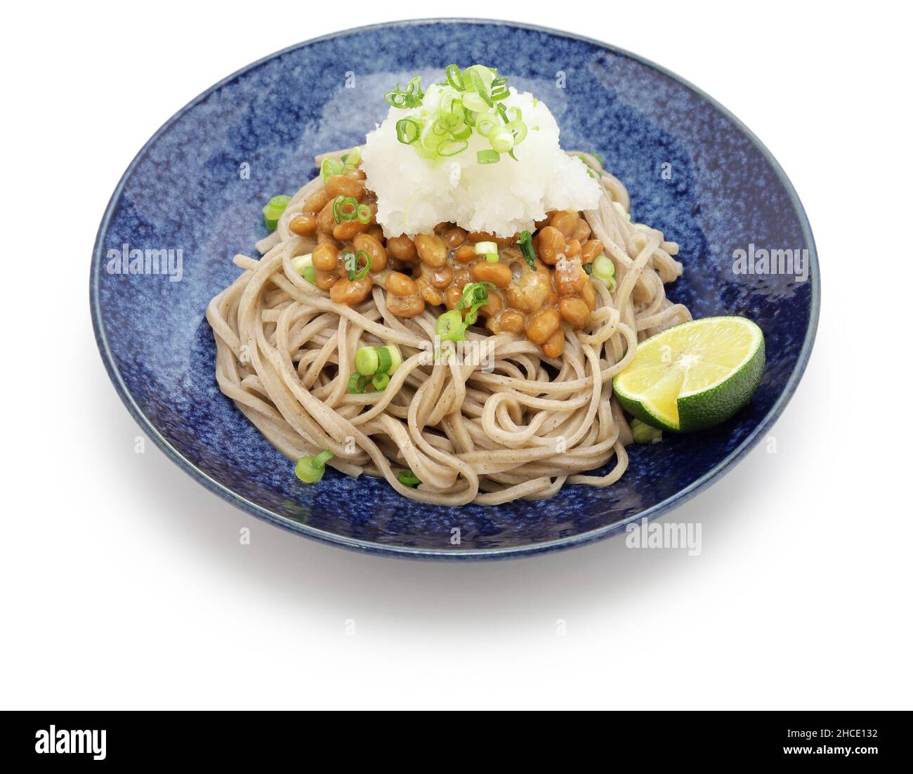 soba ( buckwheat noodles ) with natto (fermented soybeans) and grated daikon radish, Japanese food Stock Photo