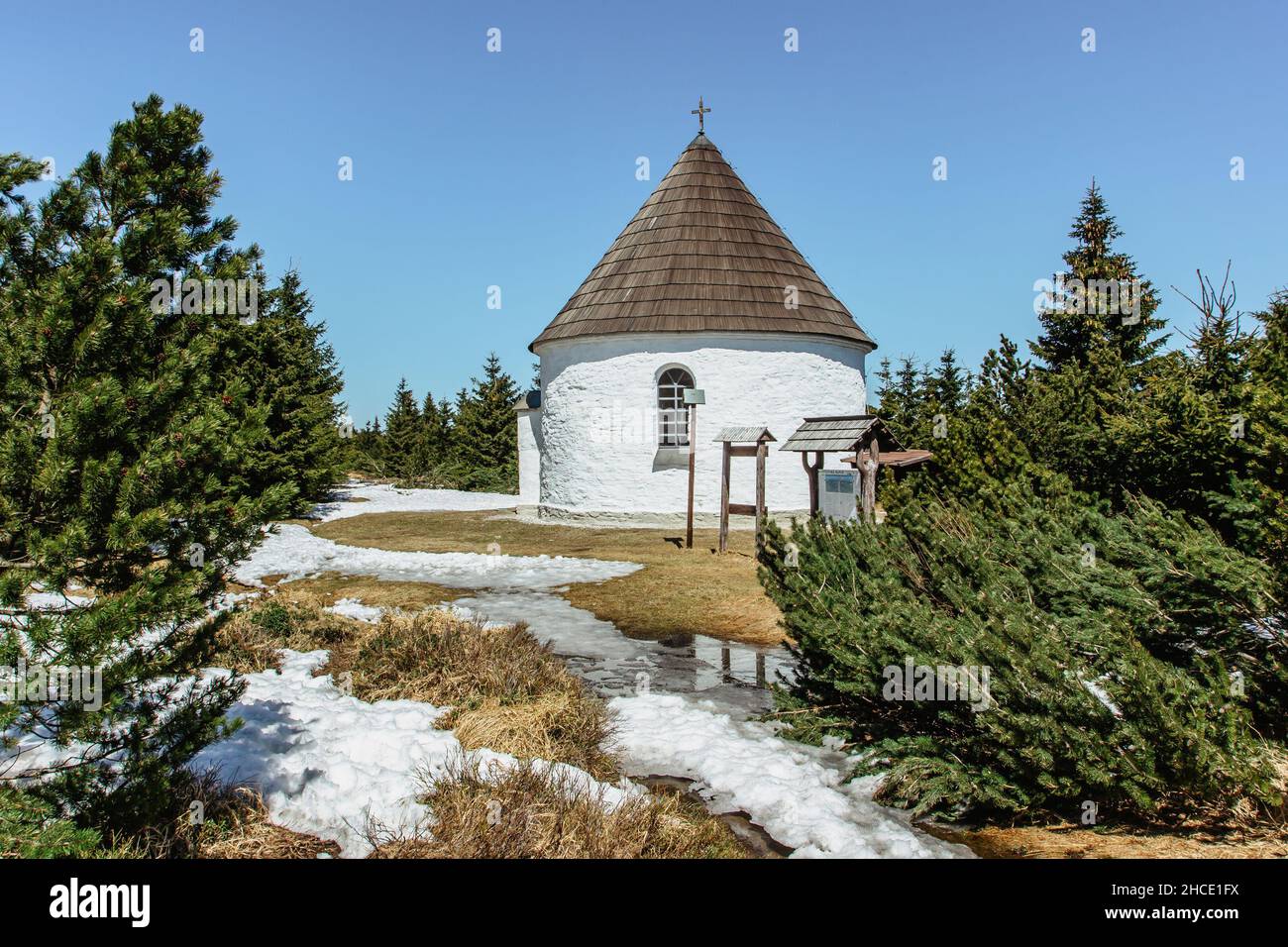 Baroque Chapel of the Visitation of the Virgin Mary,Kunstat Chapel, located in Eagle Mountains at altitude of 1035 m, Czech Republic.Circular floor Stock Photo