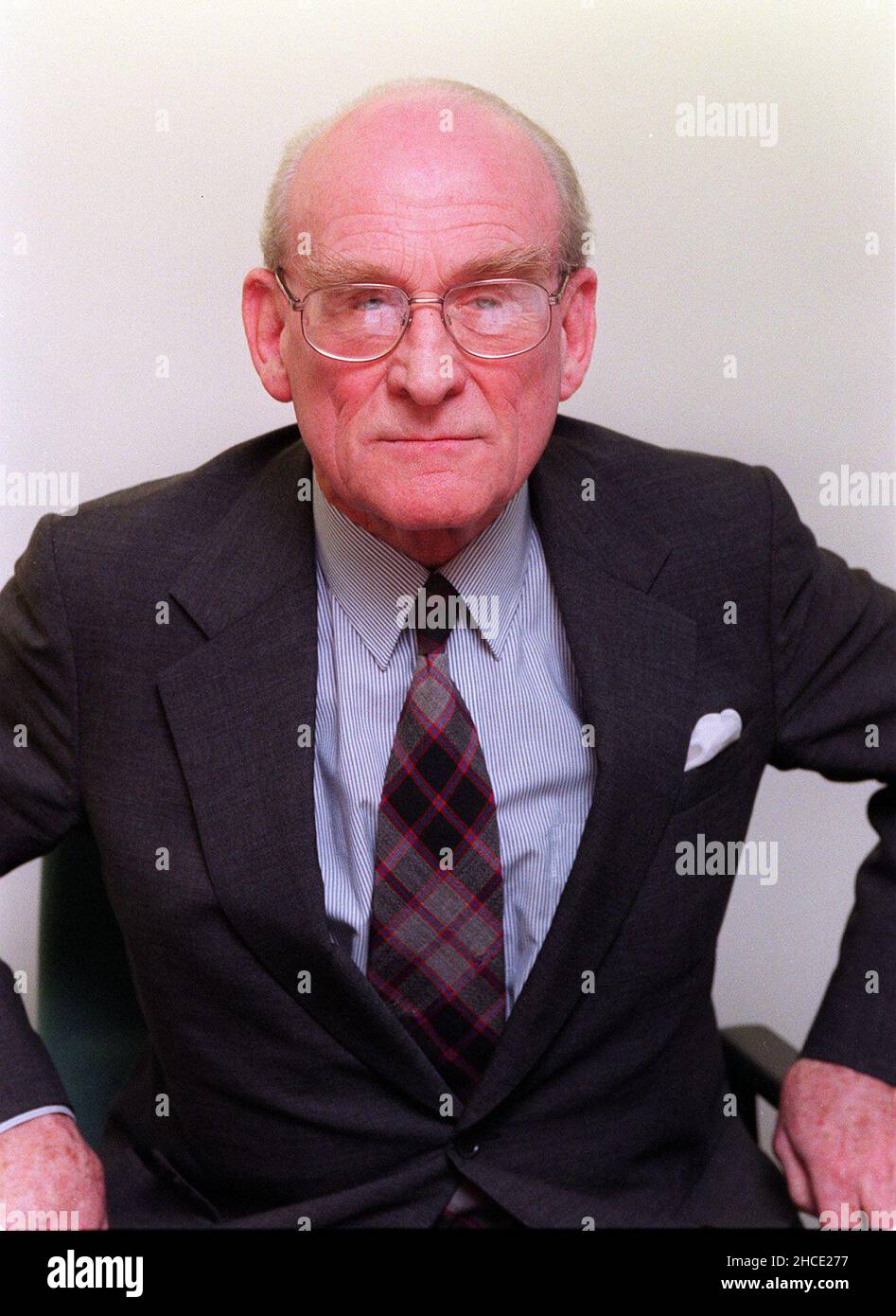 File photo dated 6/3/1998 of Sir William Macpherson, chairman of the inquiry in to the death of black teenager Stephen Lawrence who died in 2021. Issue date: Tuesday December 28, 2021. Stock Photo