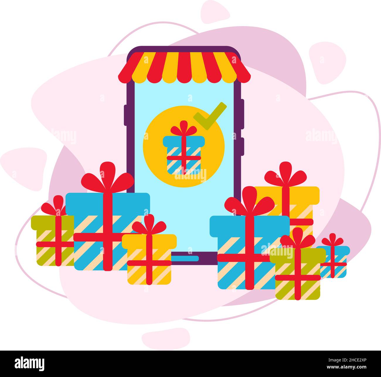 Illustration of a mobile online store. Buying gifts for the holiday. Stock Vector