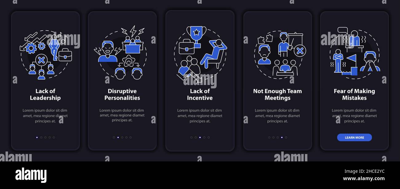 Teamwork failing night mode onboarding mobile app screen Stock Vector ...