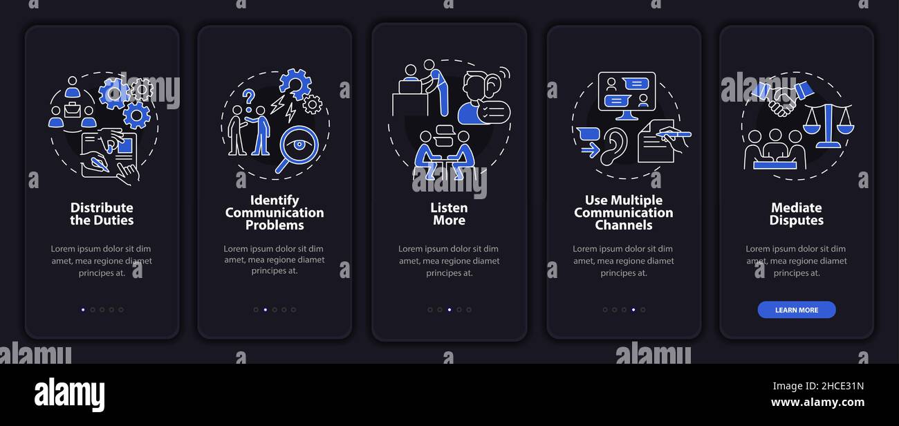 Improving teamwork night mode onboarding mobile app screen Stock Vector ...