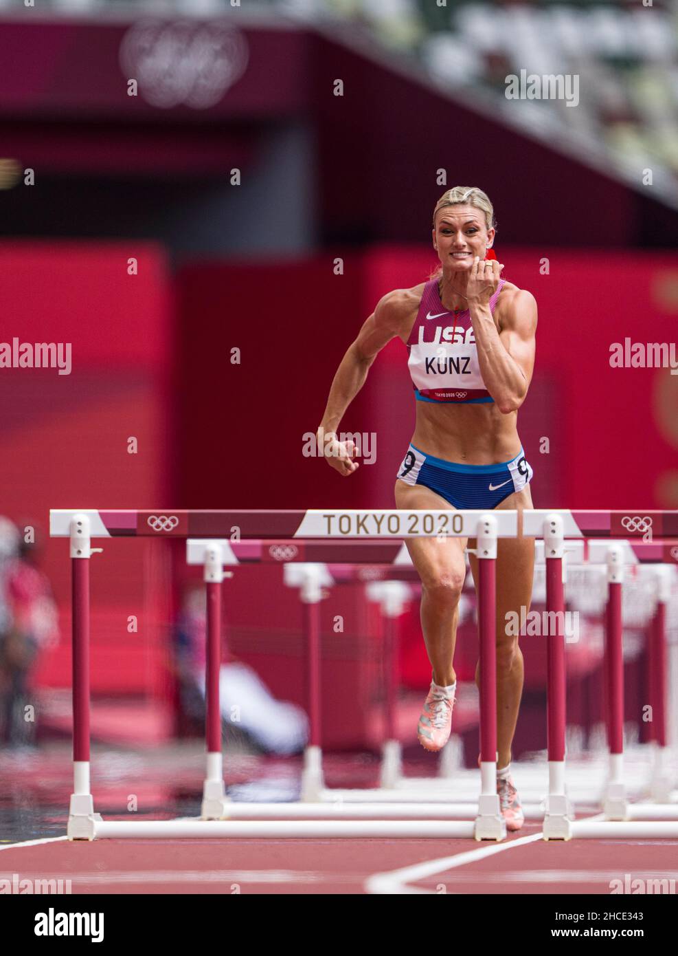 Annie Kunz participating in the 100-meter hurdles of the heptathlon at ...