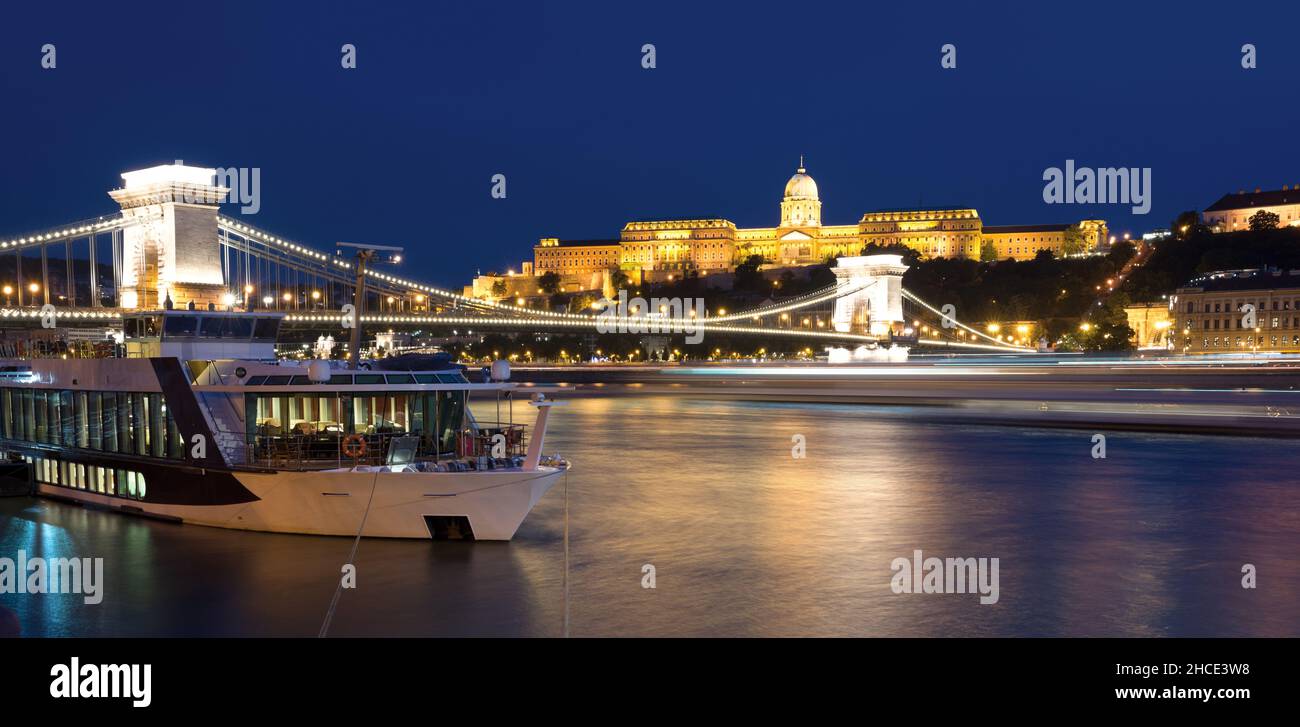 Panoramic night view of Budapest featuring Royal Palace Stock Photo