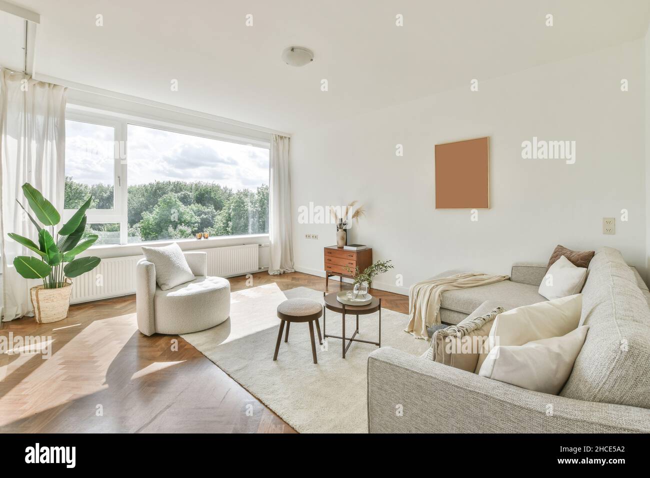 Stylish interior of modern spacious living room with comfortable sofa ...