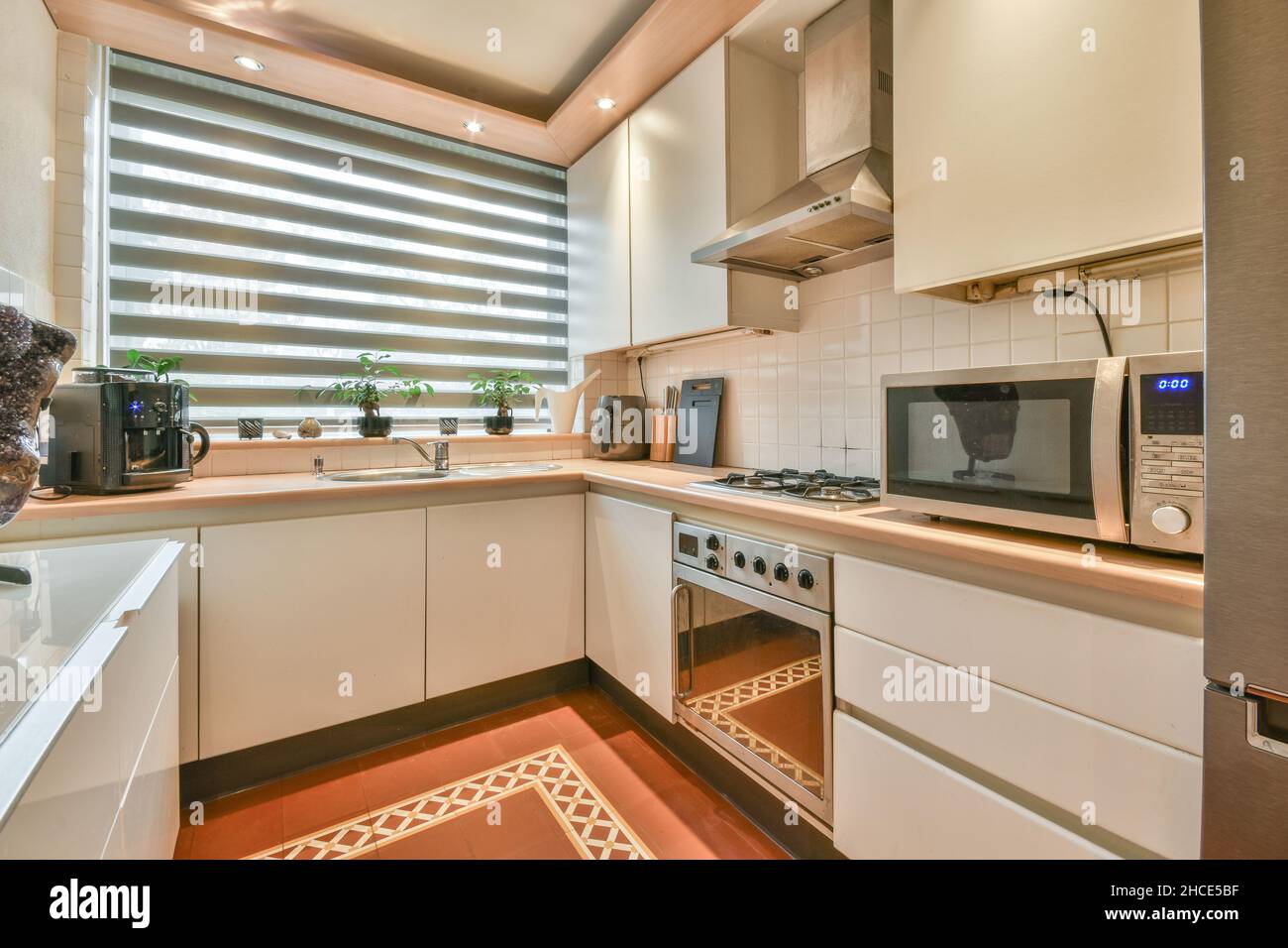 Interior of contemporary kitchen with cabinets and counter opposite fridge and stove with range hood Stock Photo