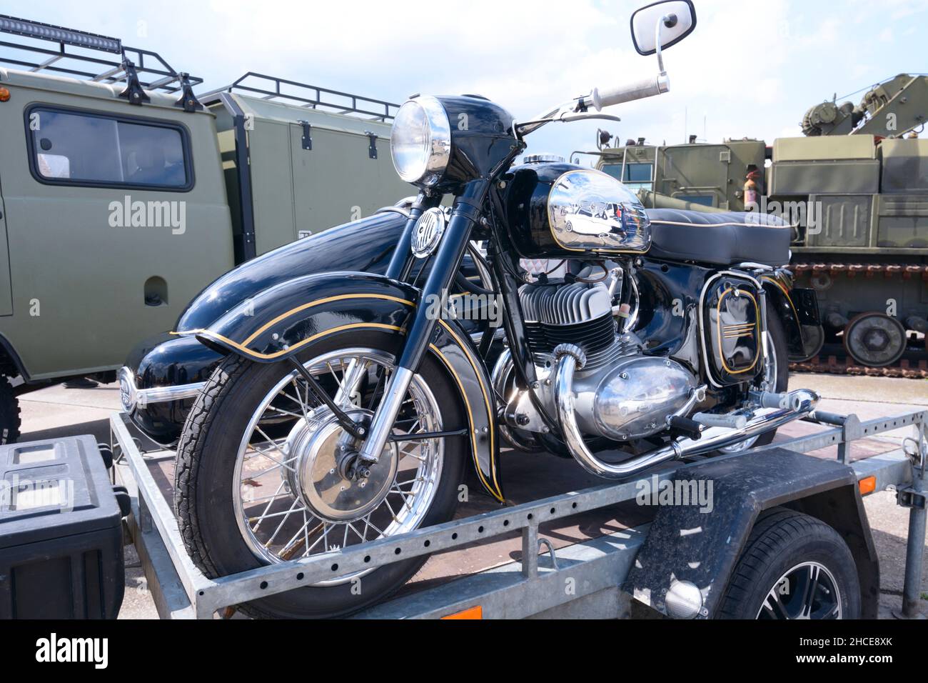 An old motorcycle Jawa on a trailer Stock Photo