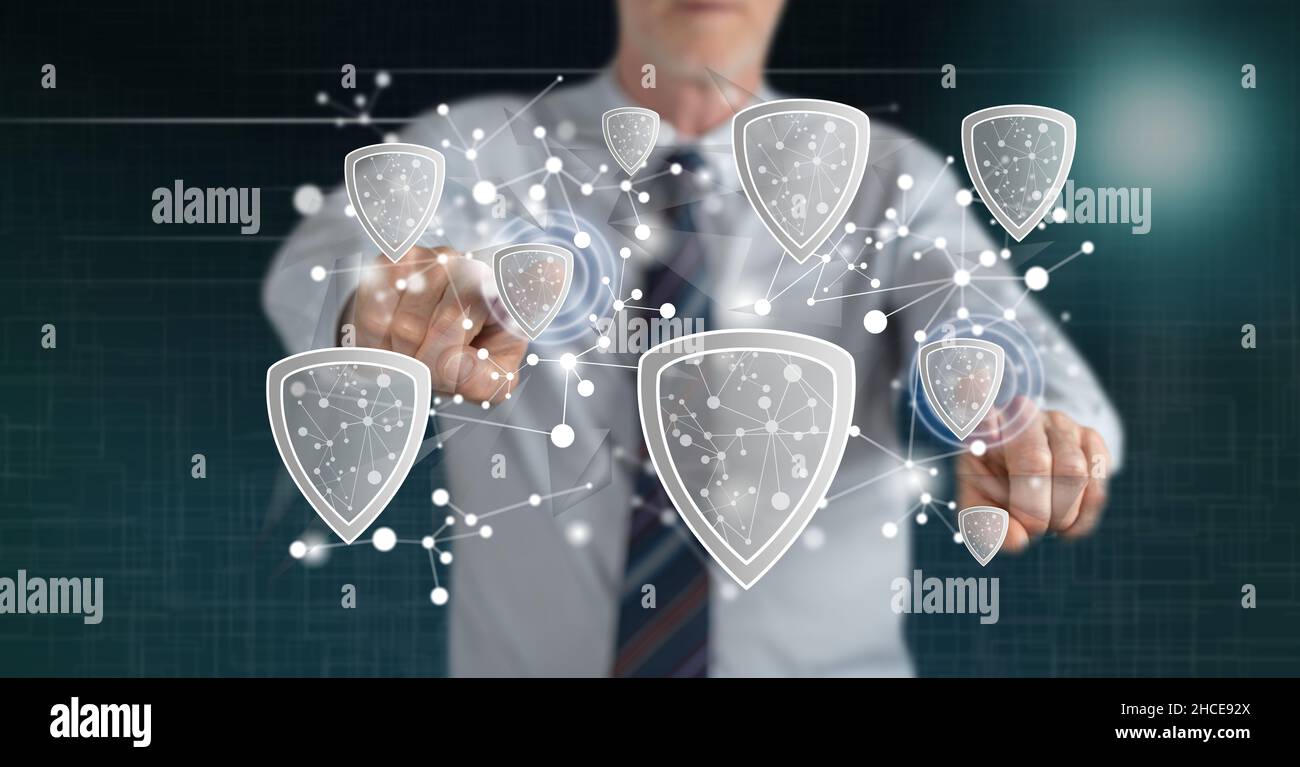Man touching a network security concept on a touch screen with his ...