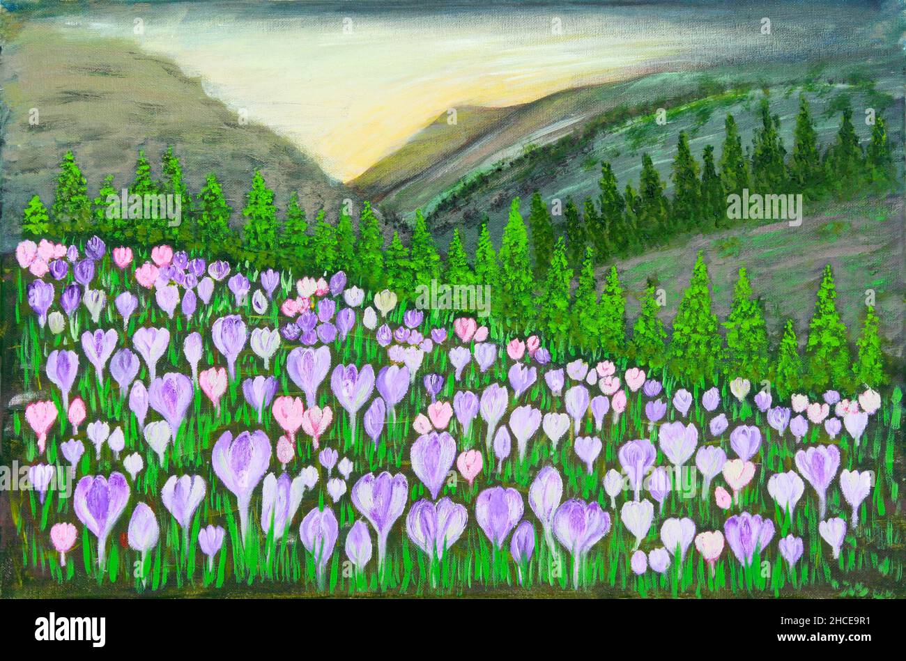 Oil painting on canvas of rolling hillside filled with colorful blooming crocuses in spring Stock Photo