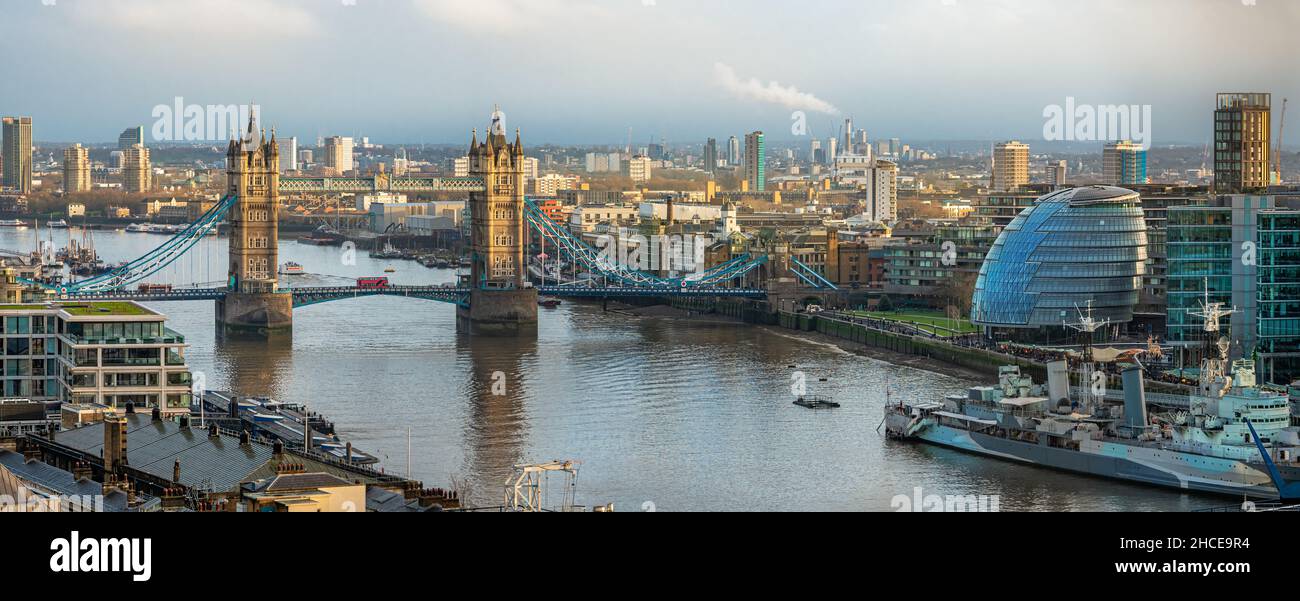 Aerial panorama of the famous historical Tower Bridge over the River Thames in London, England Stock Photo