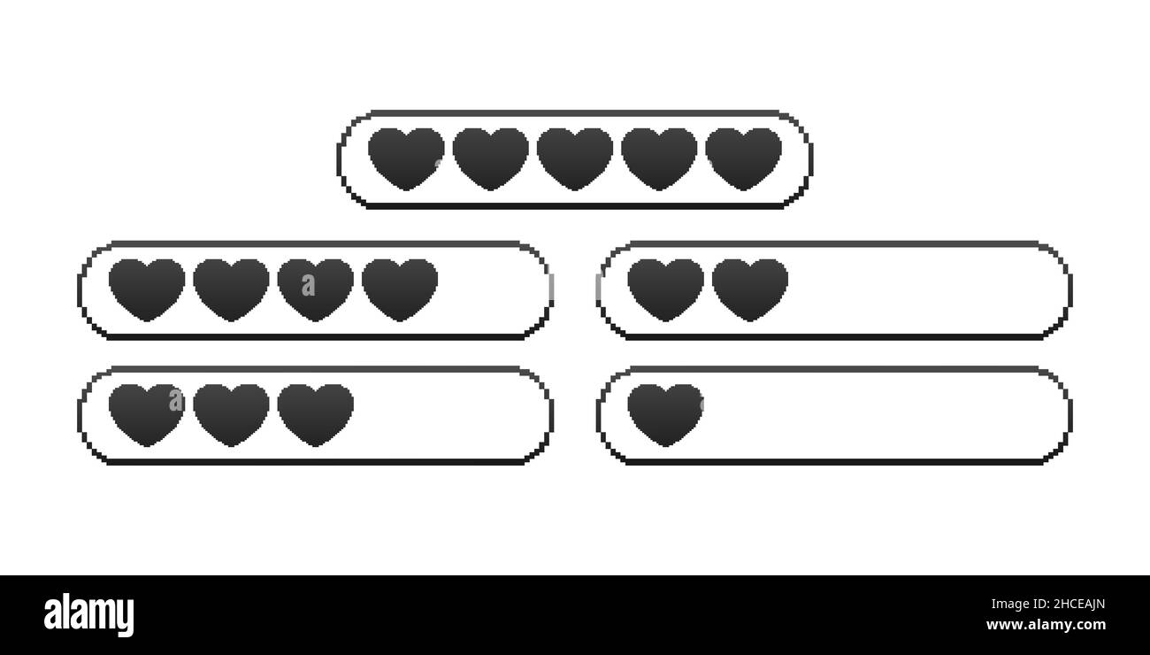 Pixel game life bar. Vintage vector set. Vector background. Heart icon set. Digital background. Stock Vector