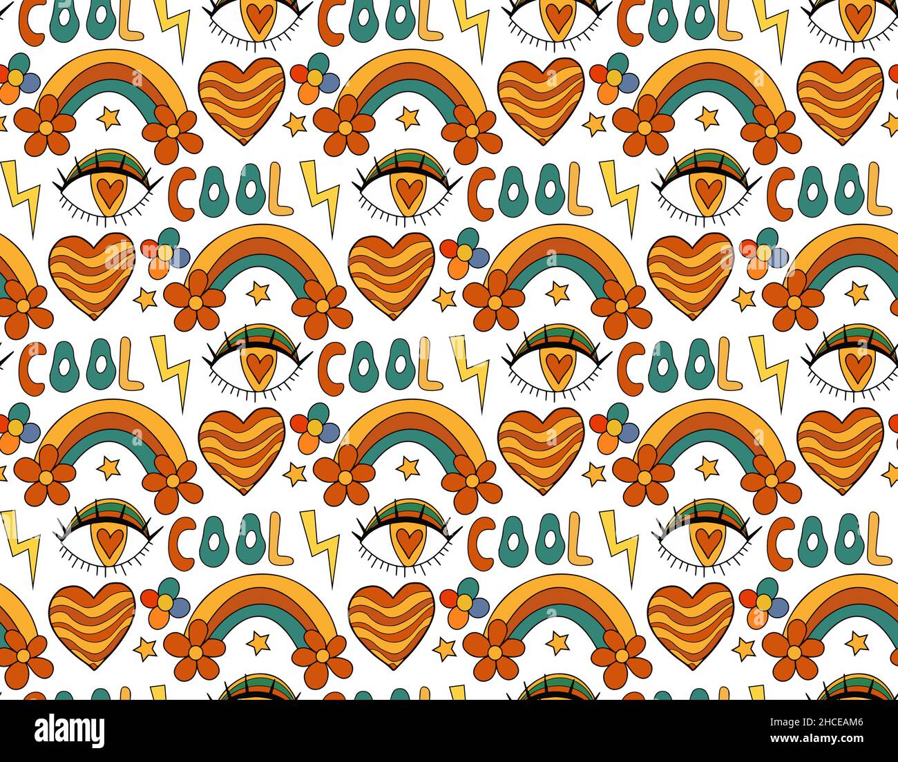 Retro rainbow eye 70s seamless pattern. Hippie repeating texture