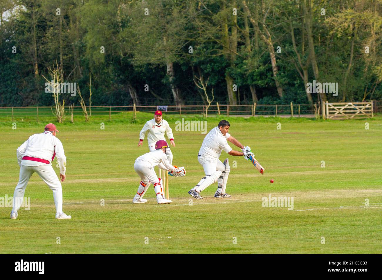 Village cricket match between the Derbyshire villages of Brailsford and Clifton on the polo ground at Osmaston Derbyshire Stock Photo