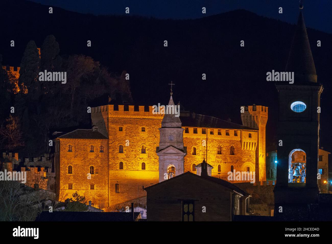 Night view of the Pallotta Castle of Caldarola, Marche, Italy, Europe Stock Photo