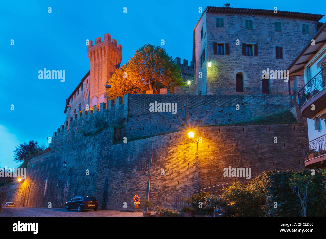 Via Pallotta street, Night view of the Pallotta Castle of Caldarola, Marche, Italy, Europe Stock Photo