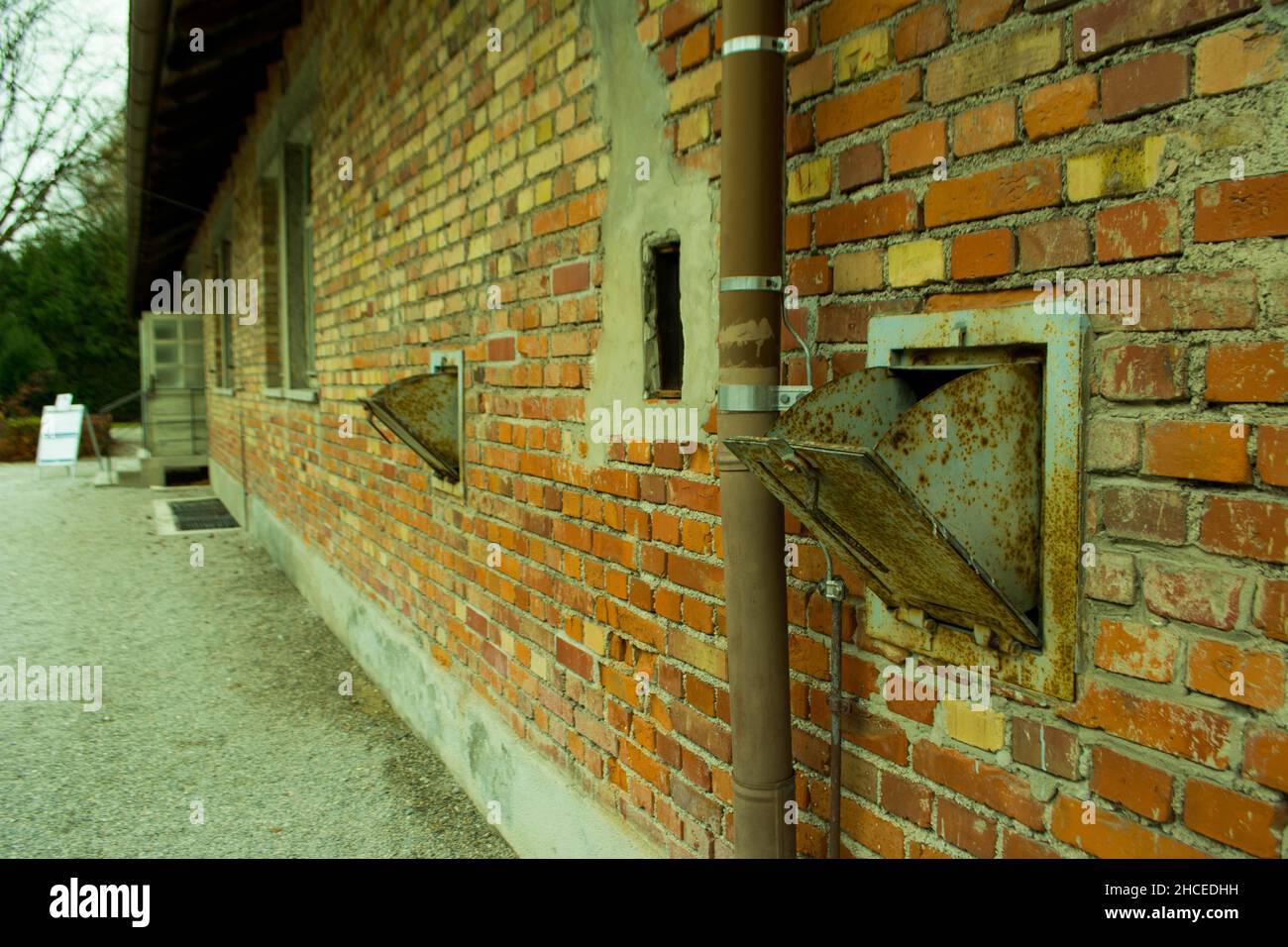 The exhaust of gas chamber in Crematorium, Nazi concentration camp, Dachau, Germany Stock Photo
