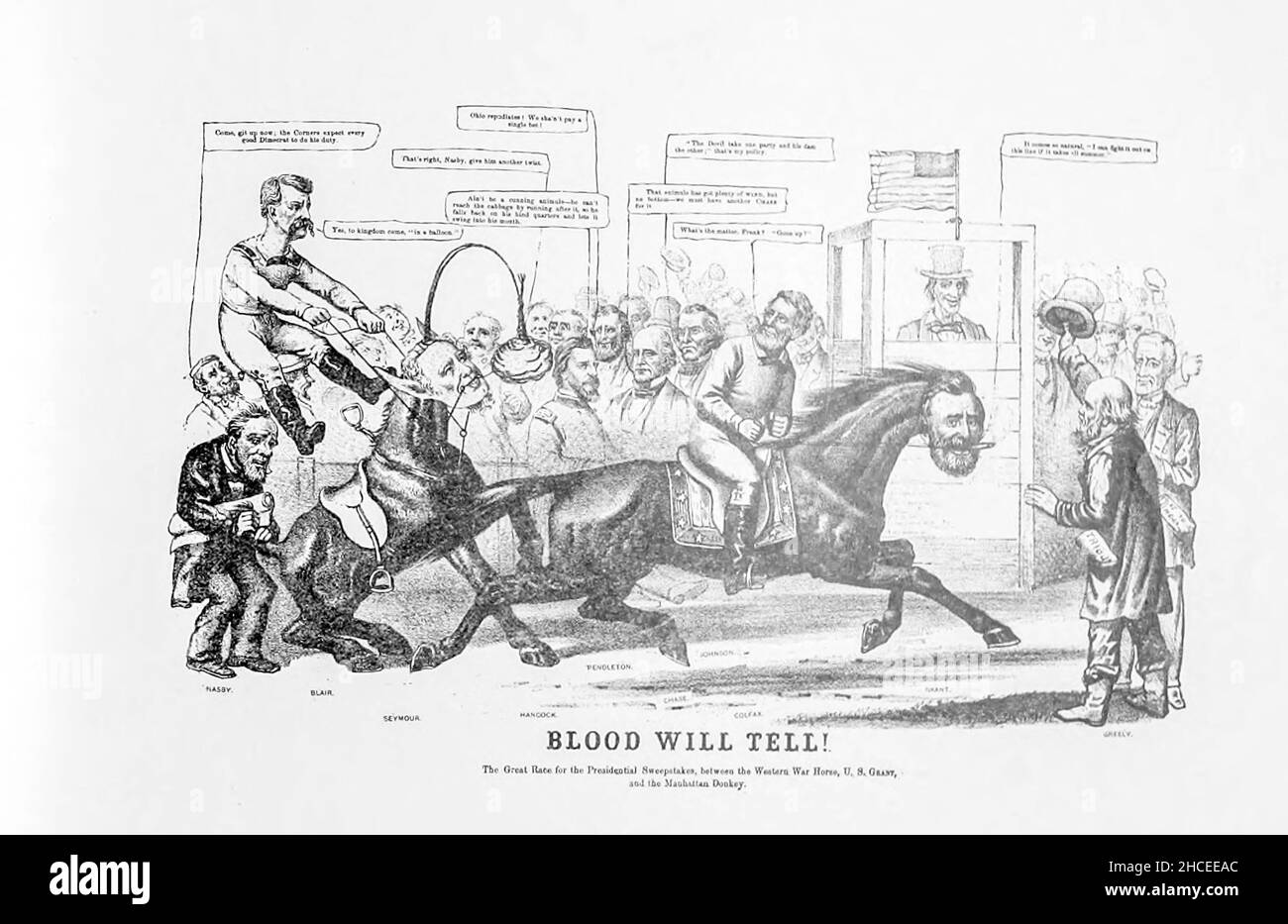 BLOOD WILL TELL The Great Race for the Presidential Sweepstakes between the Western war Horse U.S. Grant and the Manhattan Donkey from a collection of Caricatures pertaining to the Civil War published in 1892 on Heavy Plate Paper Stock Photo