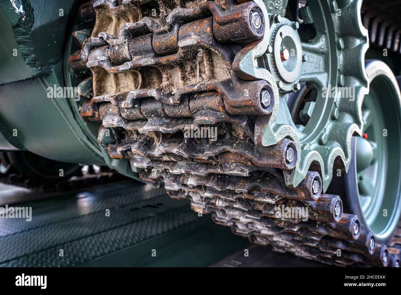 Steel army tank caterpillar tread tracks, closeup detail Stock Photo