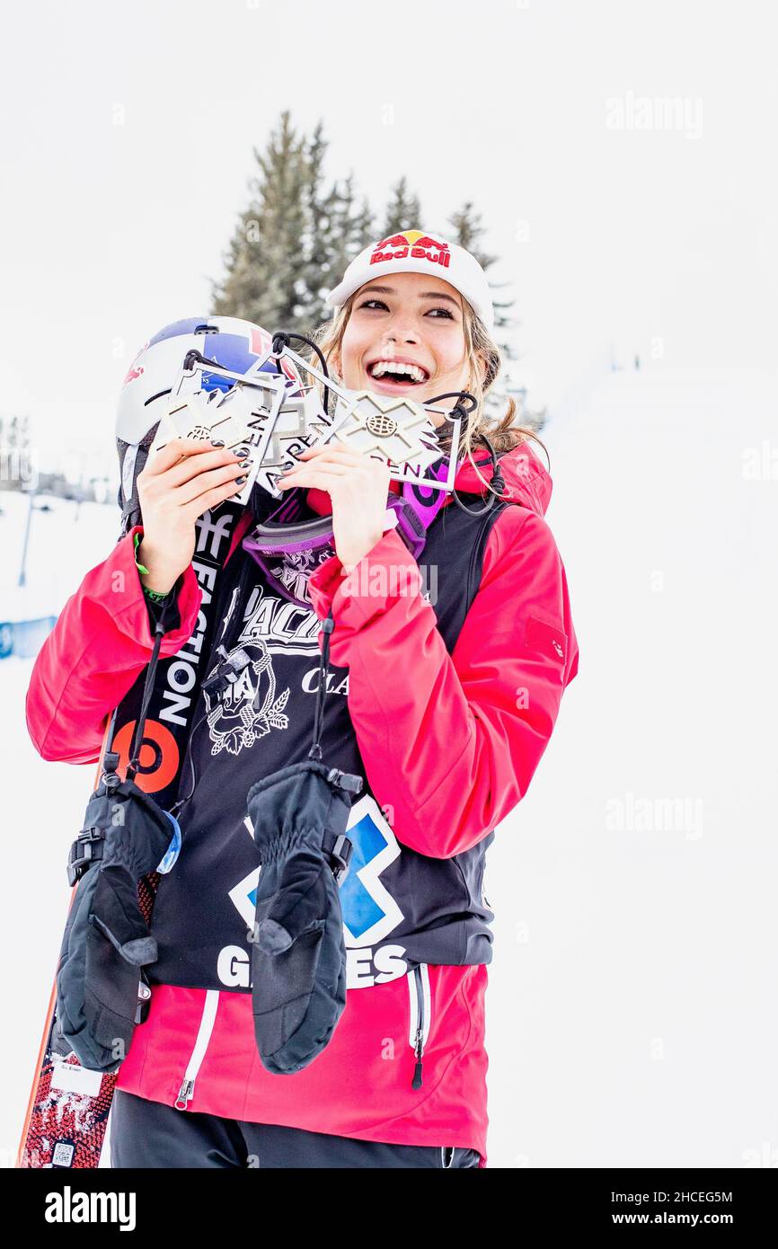 Beijing, China. 30th Jan, 2021. File photo taken on Jan. 30, 2021 shows Gu Ailing holding her two gold medals and one bronze medal after winning the women's ski slopestyle final at the 2021 Winter X Games in Aspen, the United States. In March, Gu Ailing shone at the FIS Freeski World Championships, as she clinched two gold medals and a bronze. In December, the 18-year-old claimed her first Freeski big air World Cup title by stomping a right double cork 1440, which made her the first woman to land the trick in any freeski competition. Credit: Matt Power/Xinhua/Alamy Live News Stock Photo