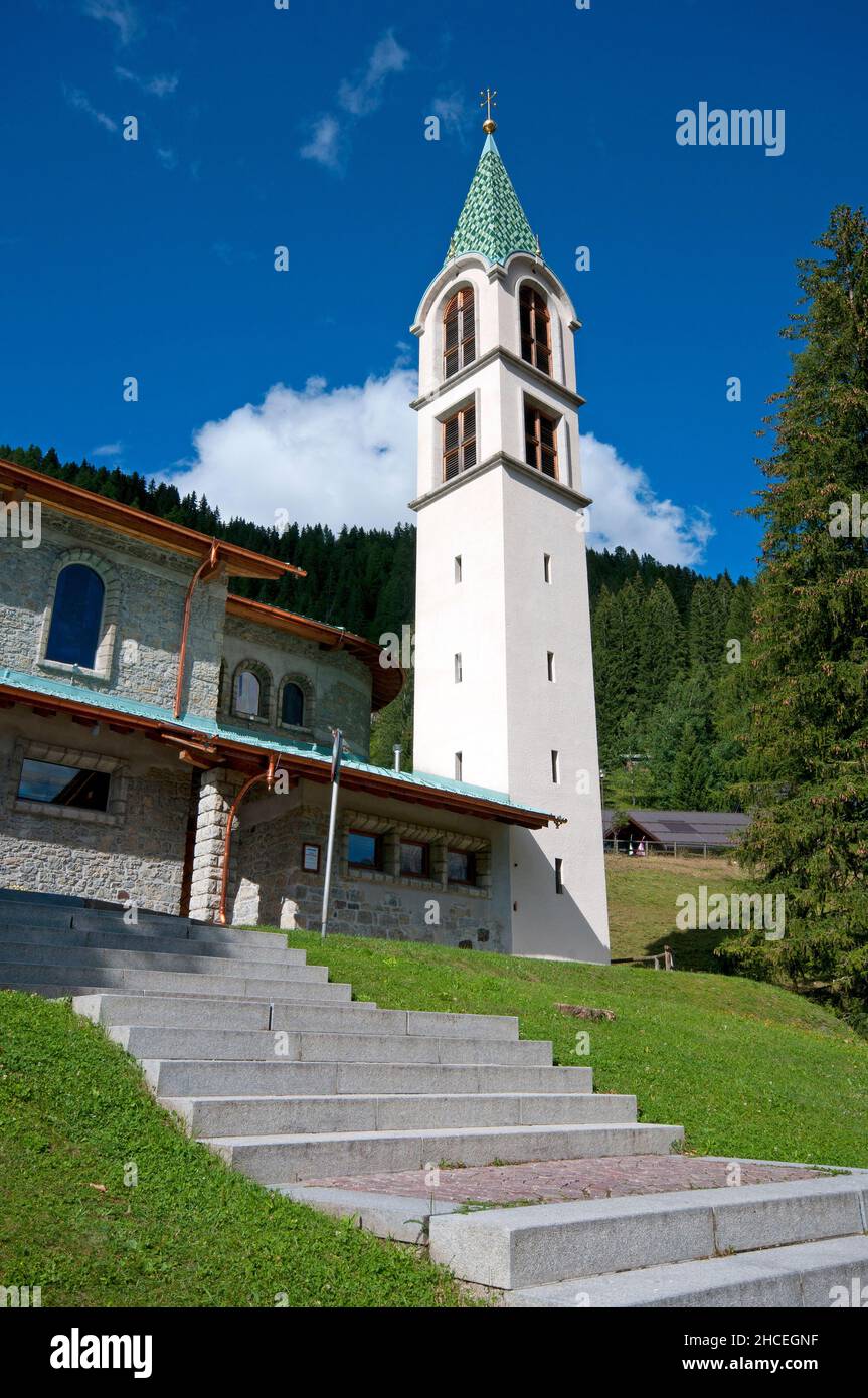 Bell tower of Sacro Cuore di Gesù church , Canazei, Fassa Valley, Trento, Trentino-Alto Adige, Italy Stock Photo