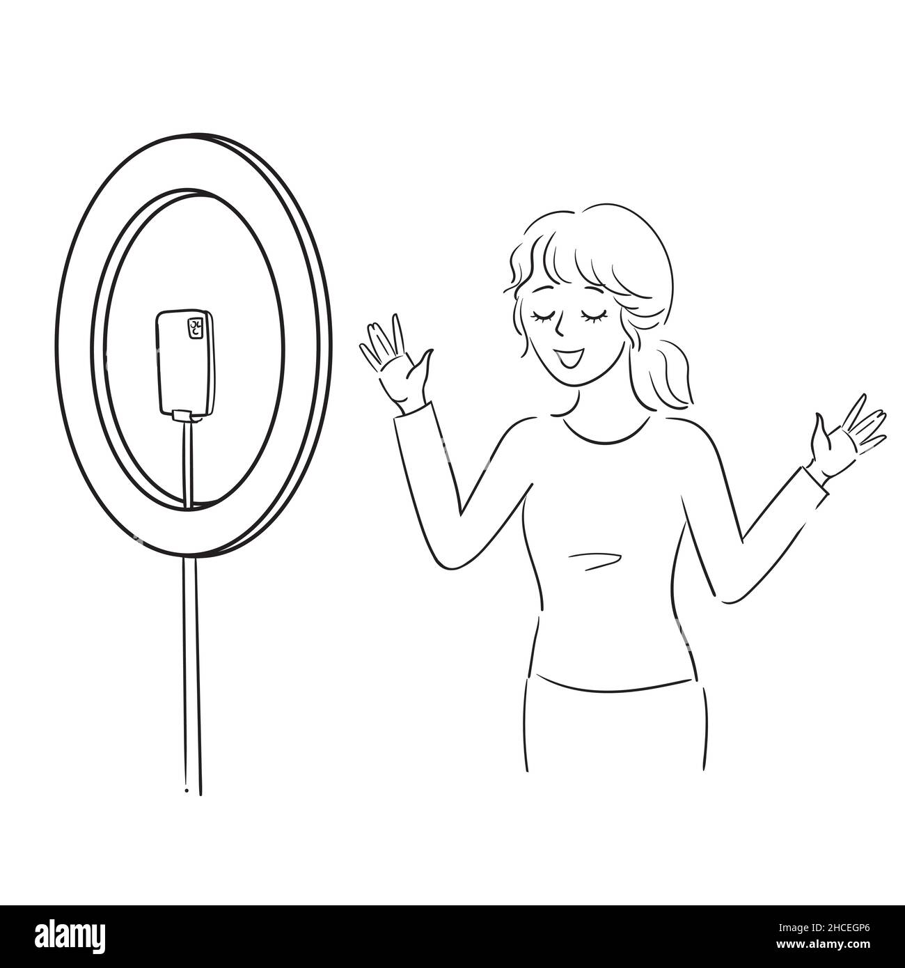 Sketch A cute woman records a video on a teolephone. Selfie ring. Stock vector illustration isolated on white background. Podcast, social media Stock Vector