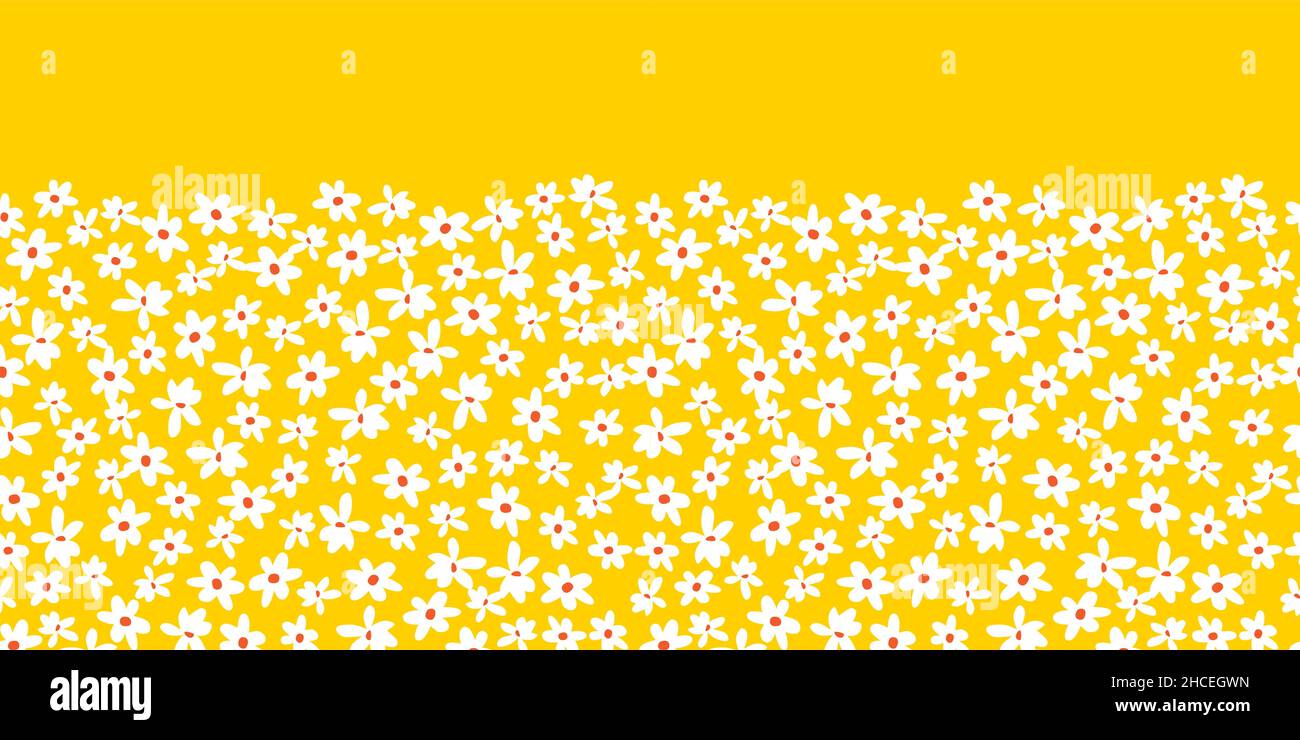 Vector yellow scattered fun daisy flowers horizontal border pattern with orange center. Suitable for textile, gift wrap and wallpaper. Stock Vector