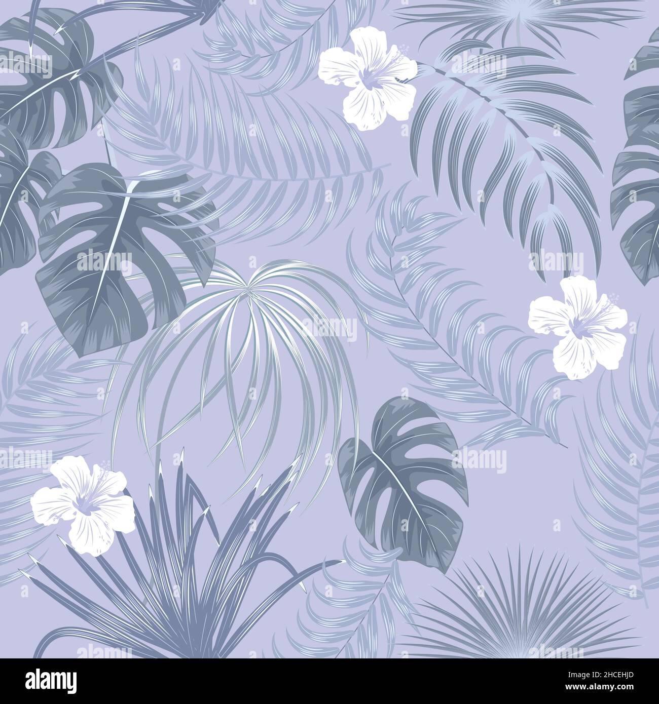 Seamless pattern with silver tropical palm leaves and flowers on white background.  Floral decorative illustration vector, for print design Stock Vector