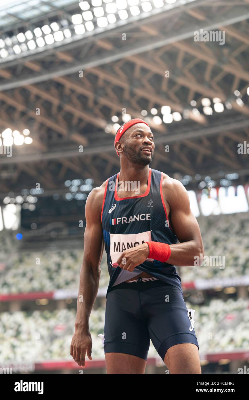 Aurel Manga participating in the 110 meter hurdles at the 2020 Tokyo