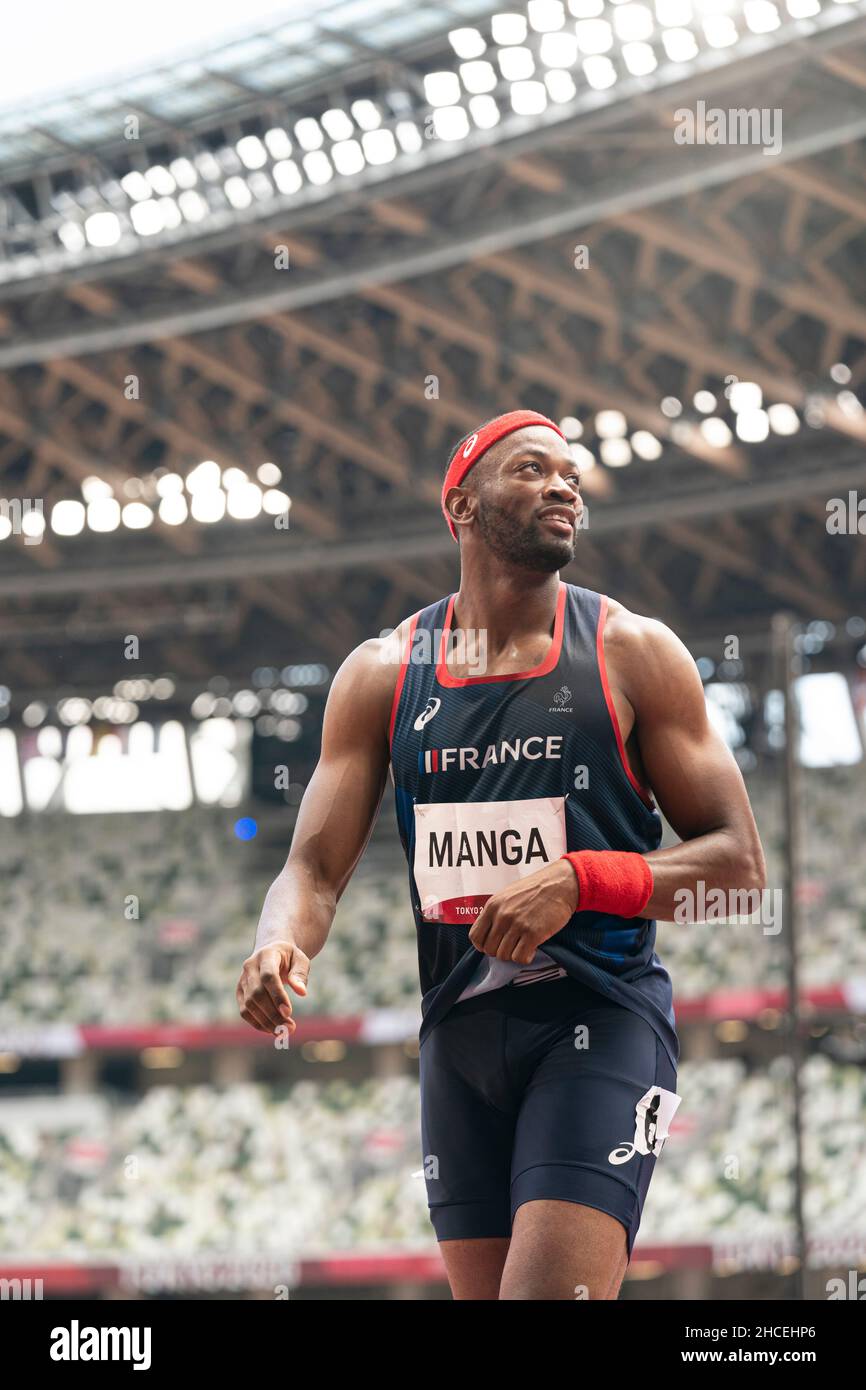 Aurel Manga participating in the 110 meter hurdles at the 2020 Tokyo