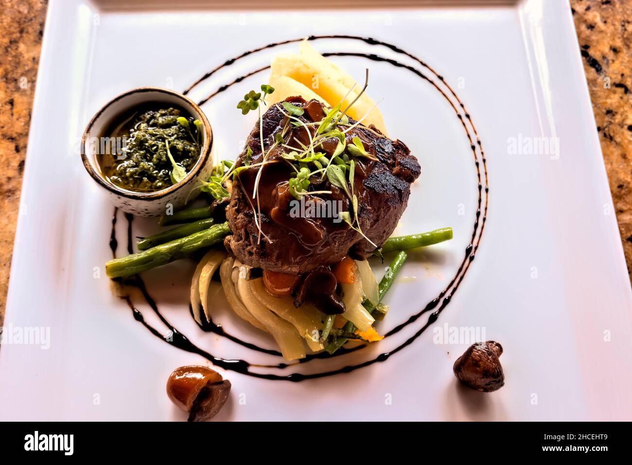 Gourmet beef tenderloin at a fine dining restaurant, La Fortuna, Costa