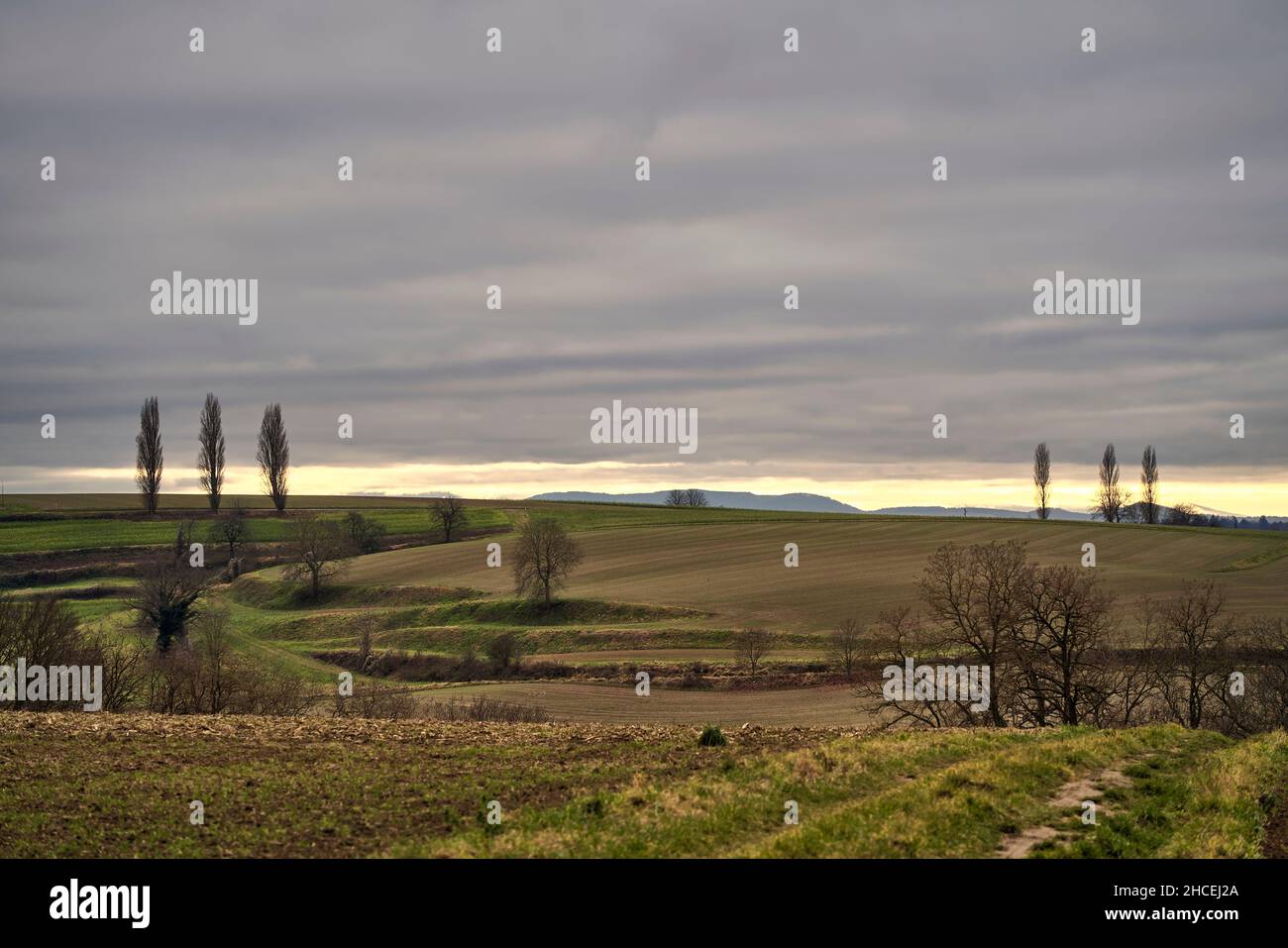 Agricultural landscape with a cloudy sunset in fall Stock Photo