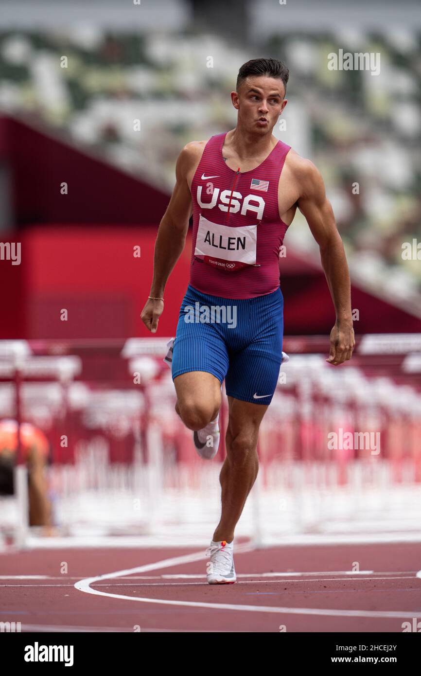 Devon Allen participating in the 110 meter hurdles at the 2020 Tokyo