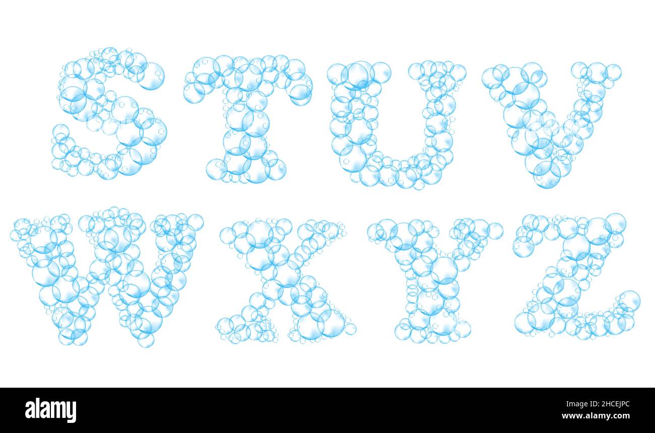 Alphabet of soap bubbles. Water suds letters s, t, u, v, w, x, y, z