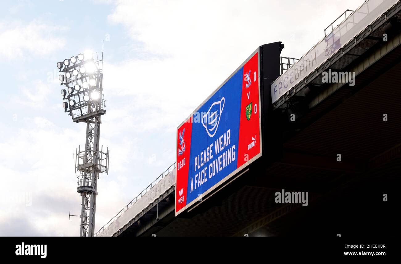 Signage asking spectators to wear face coverings is seen at Selhurst ...