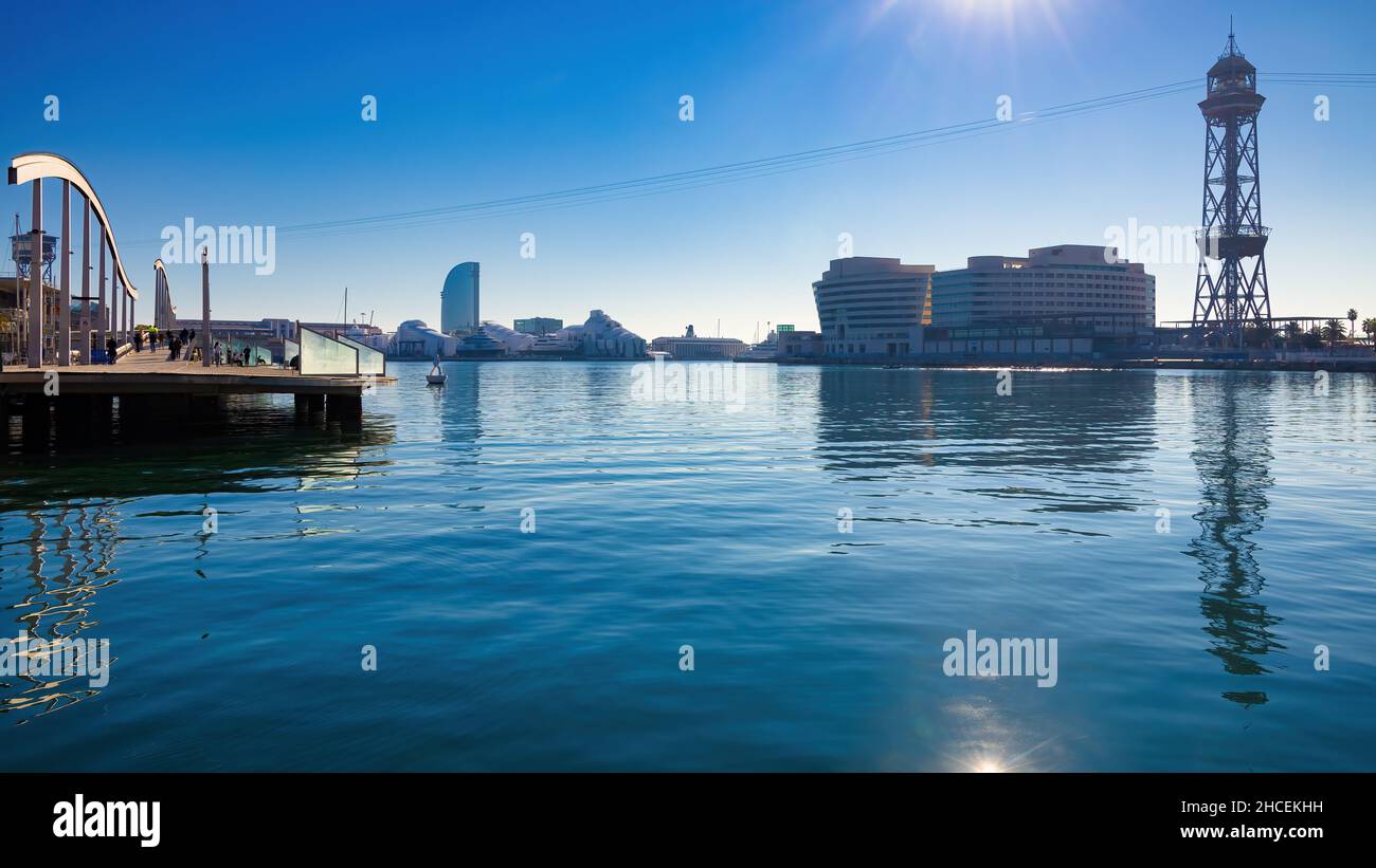 Panoramic of the port of Barcelona seen from the Rambla del Mar, Barcelona, Catalonia, Spain Stock Photo
