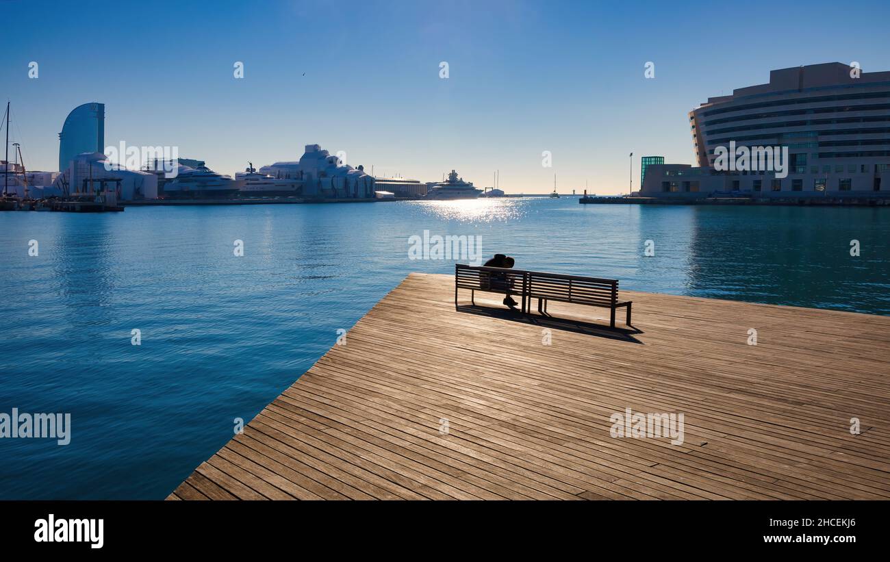 Panoramic of the entrance to the port of Barcelona seen from the Maremagnum, Barcelona, Catalonia, Spain Stock Photo