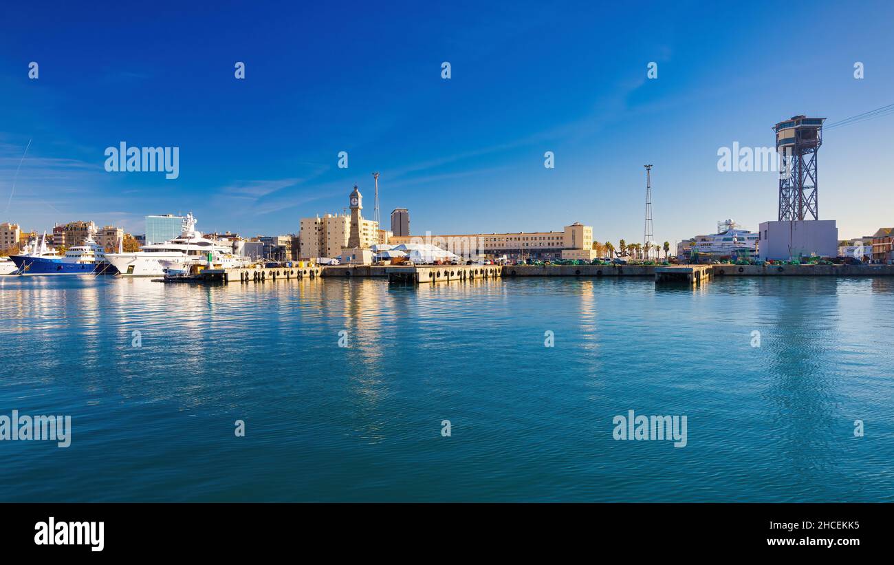 Panoramic of the port of Barcelona seen from Port Vell, Barcelona, Catalonia, Spain Stock Photo
