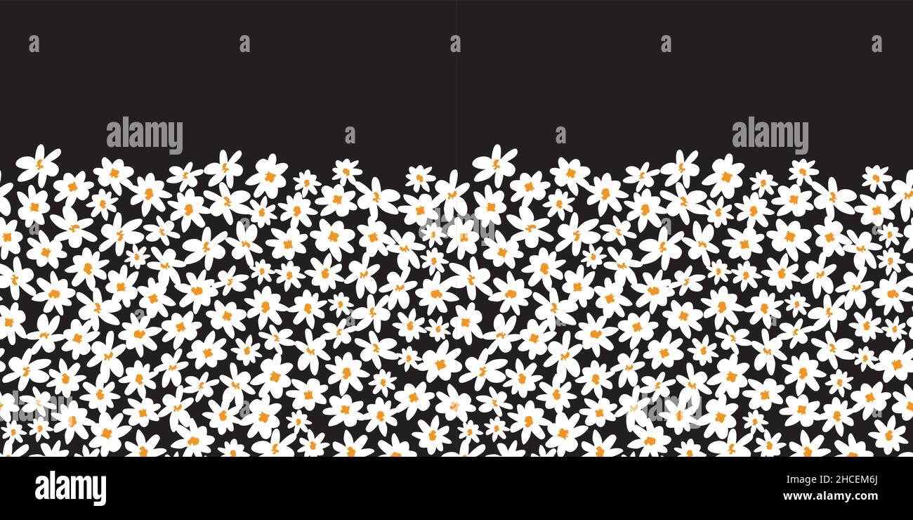 Vector black and white scattered fun daisy flowers horizontal border pattern with orange center. Suitable for posters and greeting cards. Stock Vector