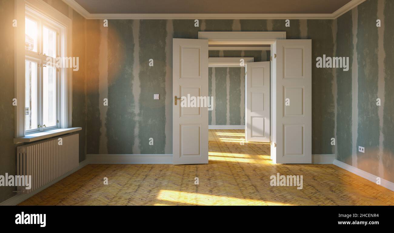 Room in renovation in elegant apartment for relocation with Flattened drywall walls Stock Photo