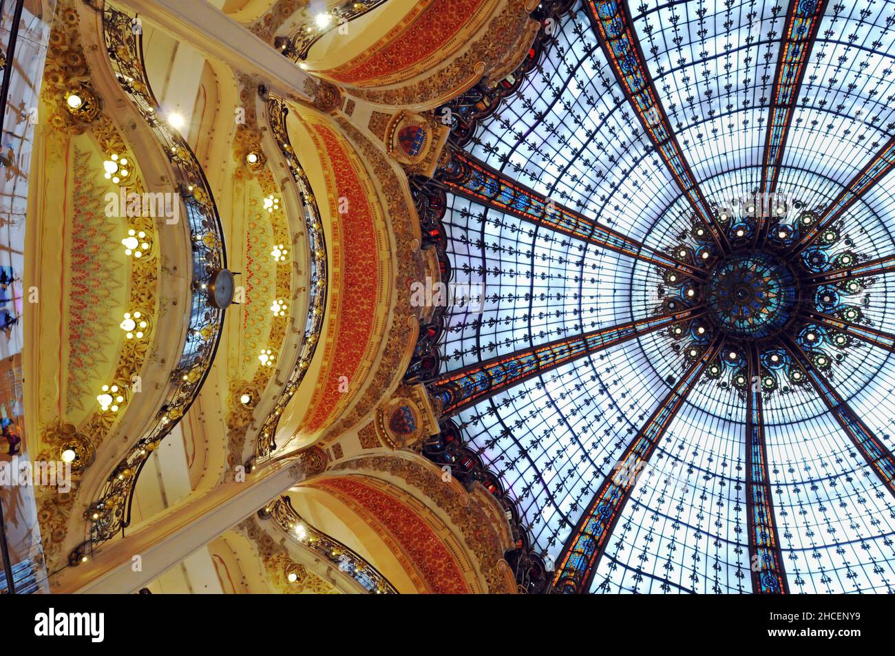The art nouveau-style stained glass dome in the flagship Galeries Lafayette department store in Paris was constructed in 1912. Stock Photo