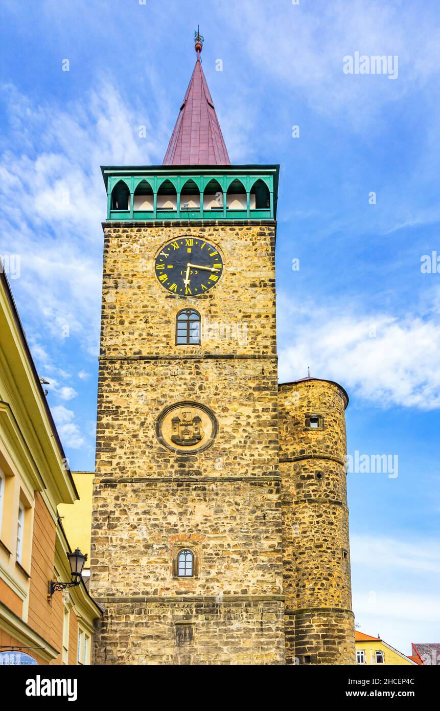 Tower of Valdice Gate form 1568 at Wallenstein Square, Jicin in Bohemian Paradise, Kralovehradecky kraj, Czech Republic. Stock Photo